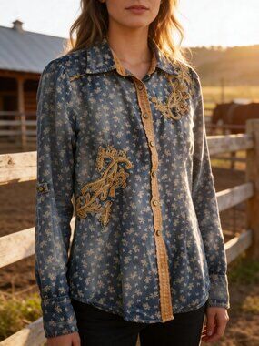 Destined to Roar Blue Bell Button Down Embellished Long Sleeve Shirt Size M